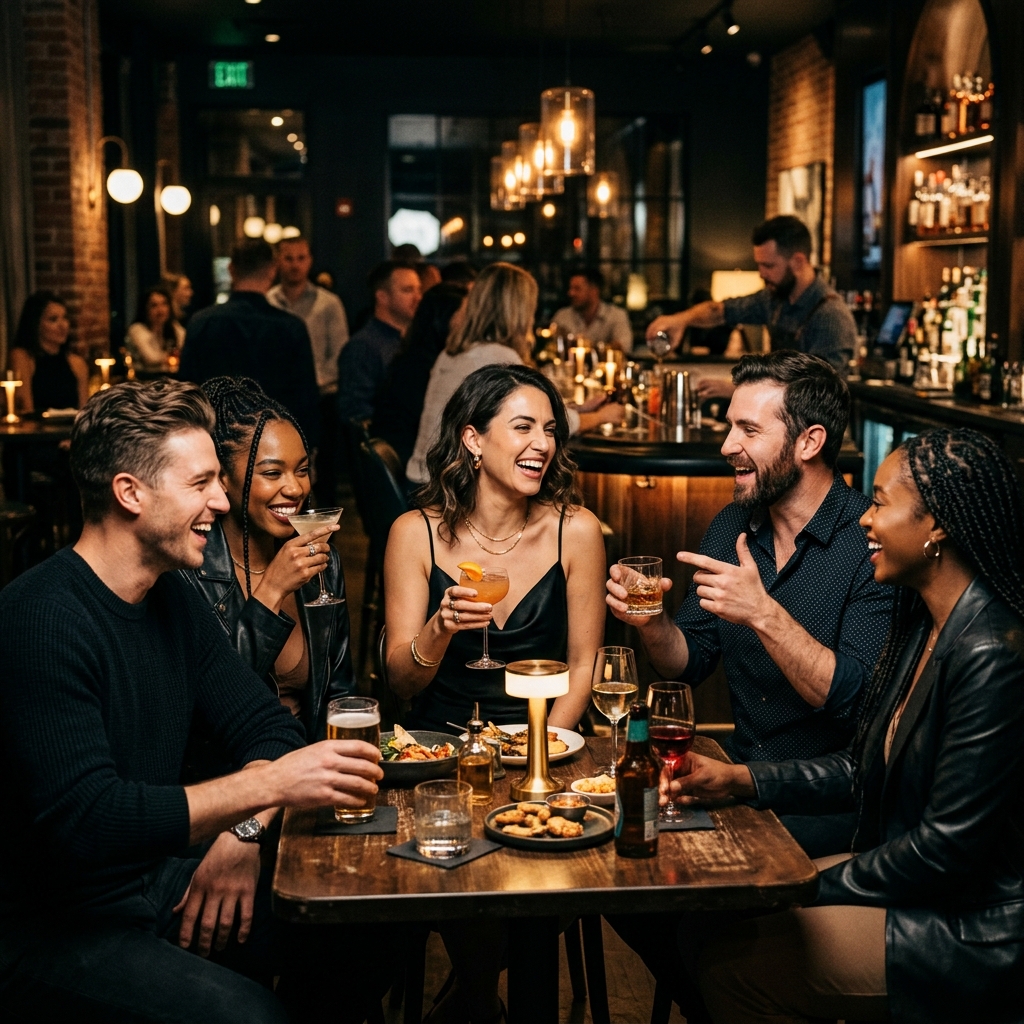 A candid photo of a group of stylish friends having drinks