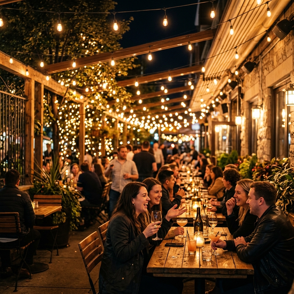A lively outdoor patio at night